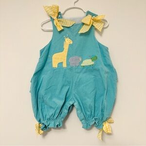Vintage The Bailey Boys Teal and Yellow Corduroy Baby Romper with Animals 18 Mo